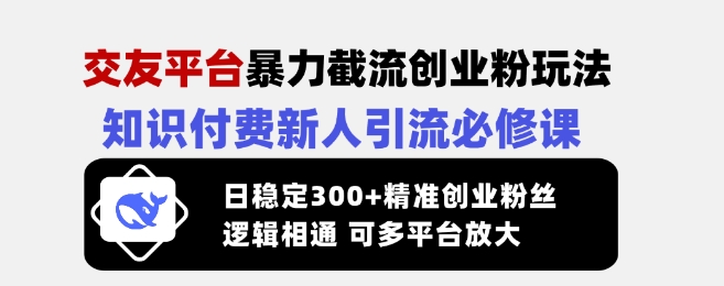交友平台暴力截流创业粉玩法，知识付费新人引流必修课，日稳定300+精准创业粉丝，逻辑相通可多平台放大-识享社