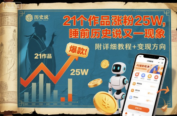 21个作品涨粉25W!AI历史号“睡前历史说”爆款教程,附变现指南