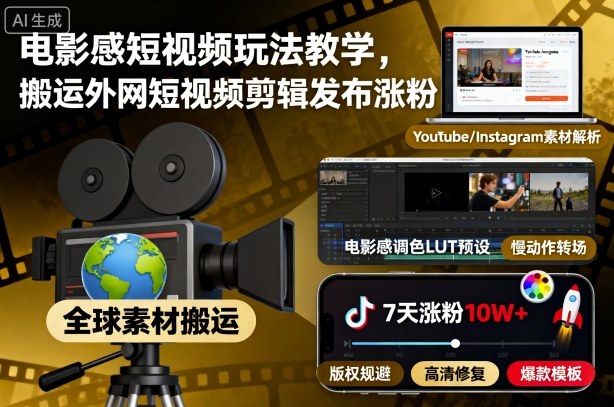 电影感短视频速成课：搬运外网素材剪辑技巧，从翻墙到发布涨粉全流程教学