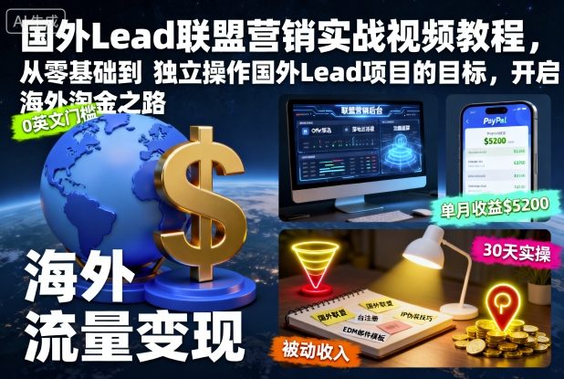 国外Lead联盟营销实战视频教程，从零基础到独立操作国外Lead项目的目标，开启海外淘金之路-识享社
