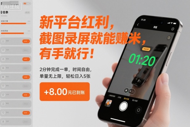 新平台红利,截图录屏就能賺米,有手就行!2分钟完成一单,时间自由,单量无上限,轻松日入5张【揭秘】-识享社