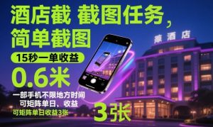酒店截图任务,简单截图,15秒一单收益0.6米,一部手机不限地方时间,可矩阵单日收益3张【揭秘】-识享社