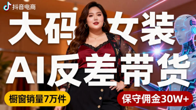 抖音小众赛道,大码女装AI反差带货,不用直播,每天6条作品,橱窗卖7万件,保守佣金30W+-识享社