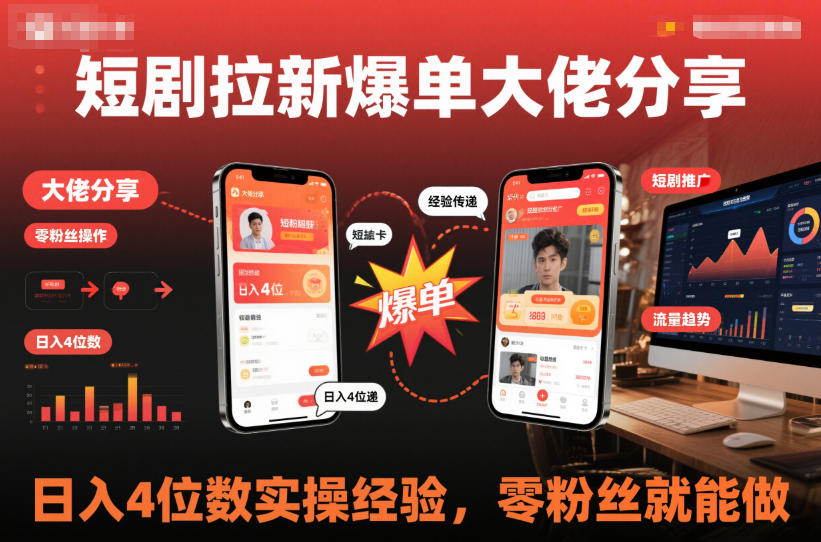 短剧拉新爆单大佬分享日入4位数实操经验，零粉丝就能做-识享社