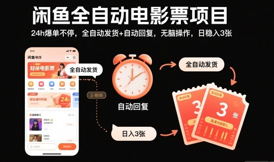 闲鱼全自动电影票项目,24h爆单不停,全自动发货+自动回复,无脑操作,日稳入3张【揭秘】-识享社