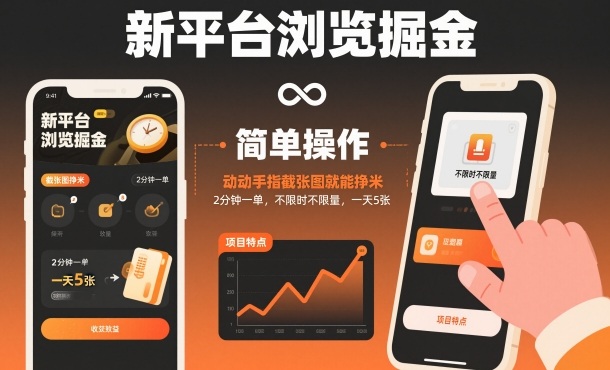 新平台浏览掘金，动动手指截张图就能挣米，2分钟一单，不限时不限量，一天5张【揭秘】-识享社