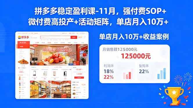 拼多多稳定盈利课-11月,强付费SOP+微付费高投产+活动矩阵,单店月入10万+-识享社