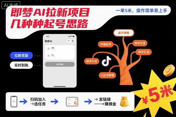 即梦AI拉新项目几种起号思路，一单5米，操作简单易上手-识享社
