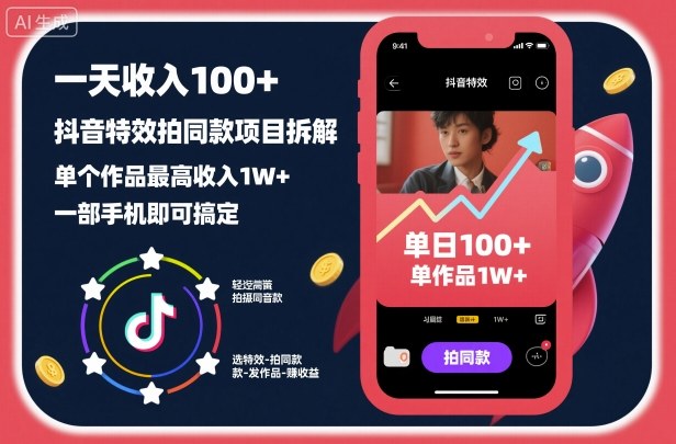 一天收入100+,抖音特效拍同款项目拆解,单个作品最高收入1W+,一部手机即可搞定-识享社