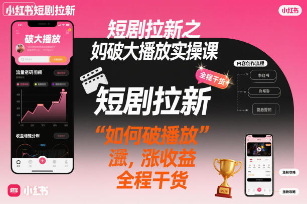 短剧拉新之小红书如何破大播放实操课，如何破播放，涨收益，全程干货-识享社