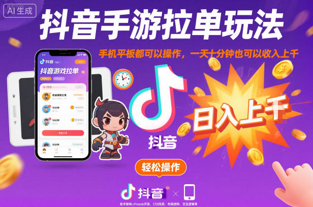 抖音手游拉单玩法，手机平板都可以操作，一天十分钟也可以收入上K【揭秘】-识享社