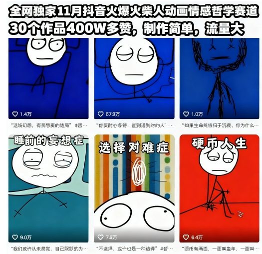 全网独家11月抖音火爆火柴人动画情感哲学赛道，30个作品400W多赞，制作简单，流量大【教学+素材】-识享社