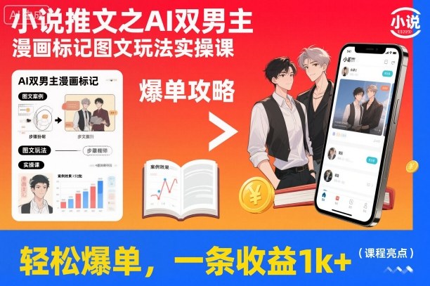 小说推文之AI双男主漫画标记图文玩法实操课,轻松爆单,一条收益1k+-识享社