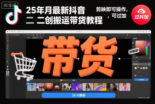 25年10月最新抖音二创搬运带货教程，剪映即可操作，可过抖加