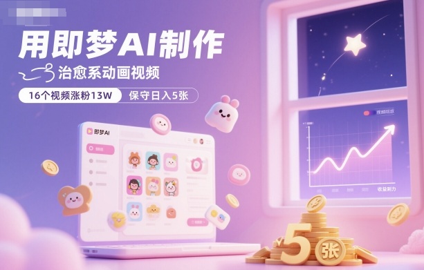 用即梦AI制作治愈系动画视频，16个视频涨粉13W，保守日入5张-识享社