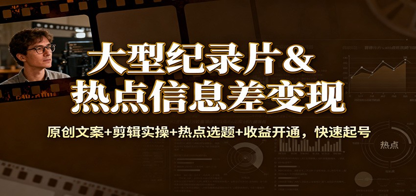 大型纪录片&热点信息差变现：原创文案+剪辑实操+热点选题+收益开通，快速起号-识享社