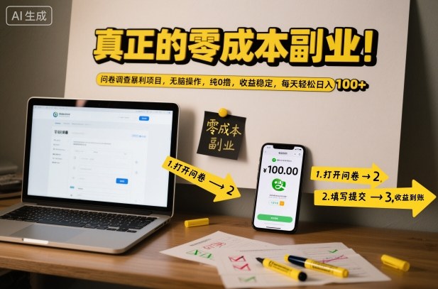 真正的零成本副业！问卷调查暴利项目，无脑操作，纯0撸，收益稳定，每天轻松日入100+【揭秘】-识享社