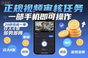 正规视频审核任务，一部手机即可操作，20秒完成一单，日入4张，多劳多得【揭秘】-识享社