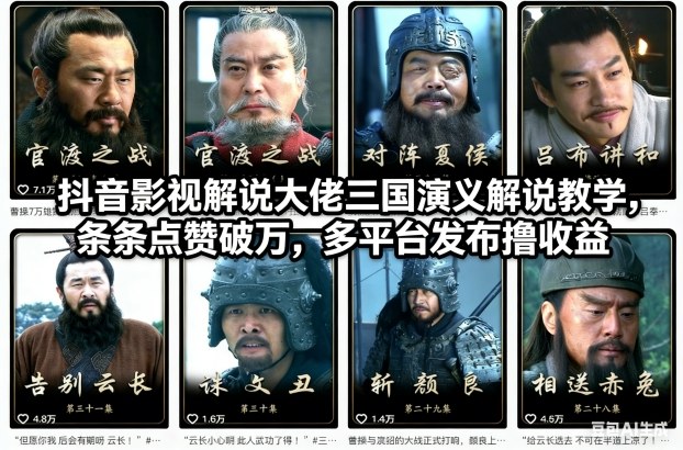 抖音影视解说大佬三国演义解说教学,条条点赞破万,多平台发布撸收益-识享社