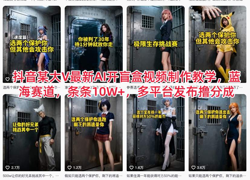 抖音某大V最新AI开盲盒视频制作教学，蓝海赛道，条条10W+，多平台发布撸分成-识享社