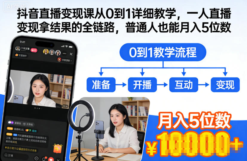 抖音直播变现课从0到1详细教学，一人直播变现拿结果的全链路，普通人也能月入5位数-识享社