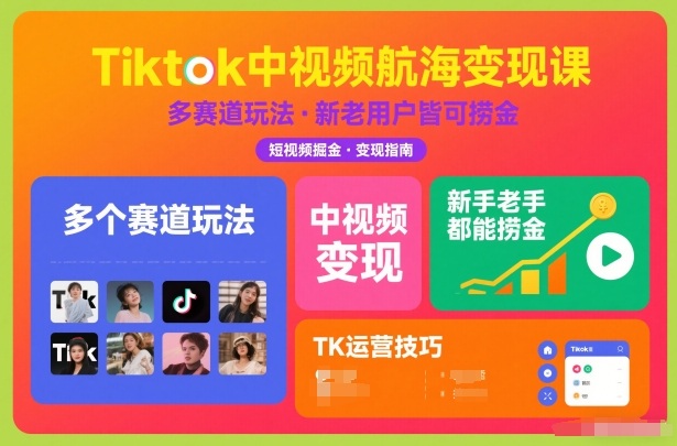 Tiktok中视频航海变现课，多个赛道玩法，新手老手都能在TK中视频捞金-识享社