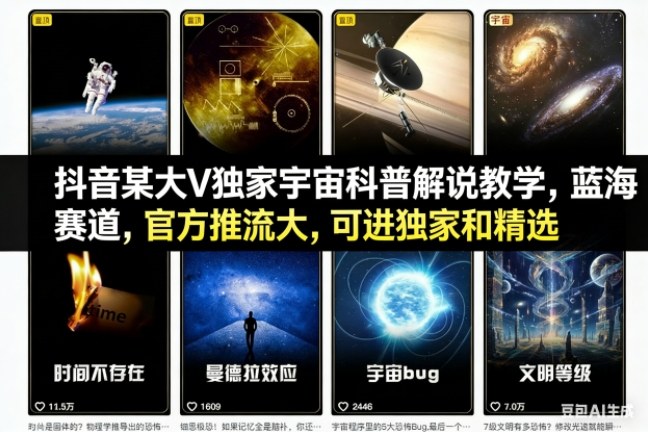 抖音某大V独家宇宙科普解说教学,蓝海赛道,官方推流大,可进独家和精选-识享社