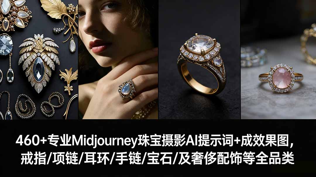 460+专业Midjourney珠宝摄影AI提示词+成效果图，戒指/项链/耳环/手链/宝石/及奢侈配饰等全品类-识享社