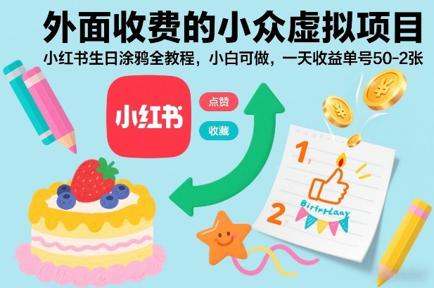 外面收费的小众虚拟项目,小红书生日涂鸦全教程,小白可做,一天收益单号50-2张-识享社