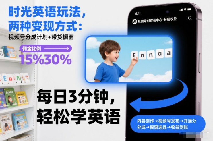 时光英语玩法，两种变现方式：视频号分成计划+带货橱窗-识享社