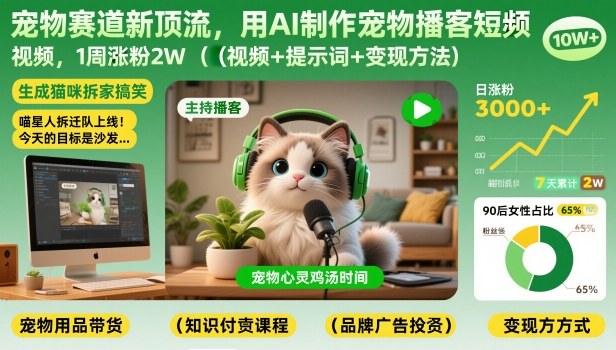 宠物赛道新顶流,用AI制作宠物播客短视频,1周涨粉2W(视频+提示词+变现方法)-识享社