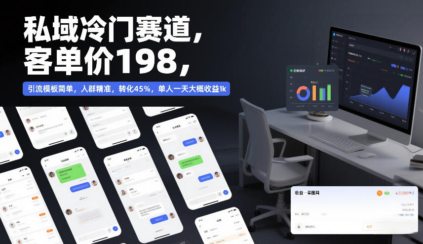 私域冷门赛道，客单价198，引流模板简单，人群精准，转化45%，单人一天大概收益1k-识享社