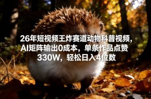 26年短视频王炸赛道动物科普视频，AI矩阵输出0成本，单条作品点赞330W，轻松日入4位数-识享社
