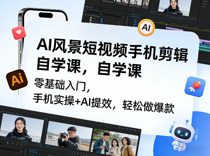 AI风景短视频手机剪辑自学课,零基础入门,手机实操+AI提效,轻松做爆款-识享社
