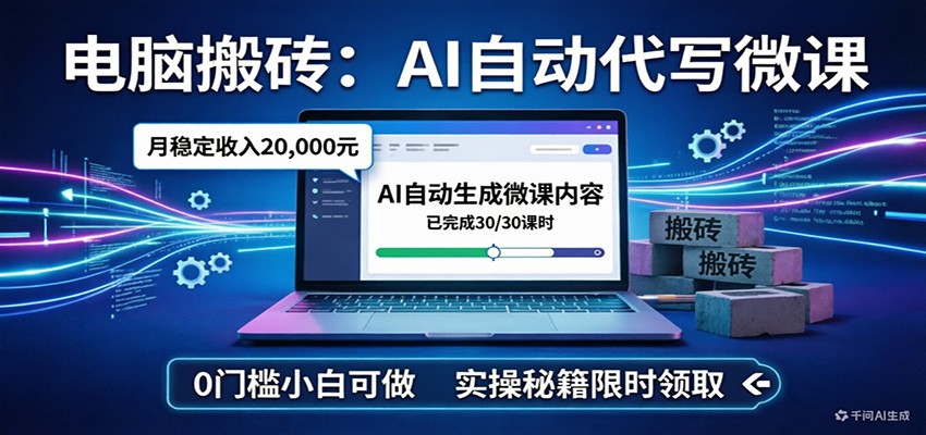 电脑搬砖AI自动代写微课，月稳定2W，0门槛小白可做，实操秘籍-识享社