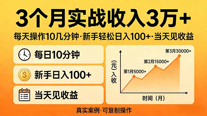 3个月实战收入3万+，每天操作10几分钟，新手轻松日入100+，当天见收益-识享社