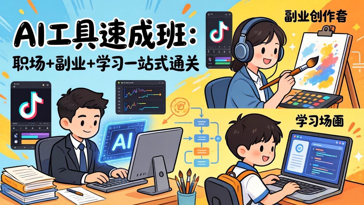 AI工具速成班:职场+副业+学习一站式通关,20+爆款类型+剪映技巧+抖音算法,0基础快速上手-识享社