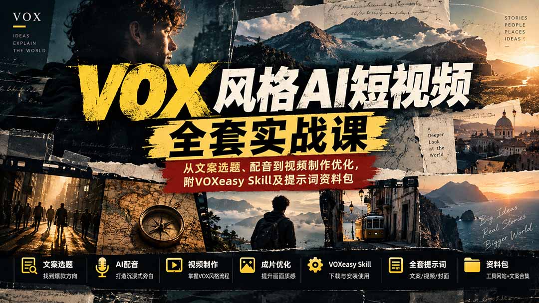 【无水印】VOX风格AI短视频全套实战课:从文案选题、配音到视频制作优化,附VOXeasy Skill及提示词资料包-识享社