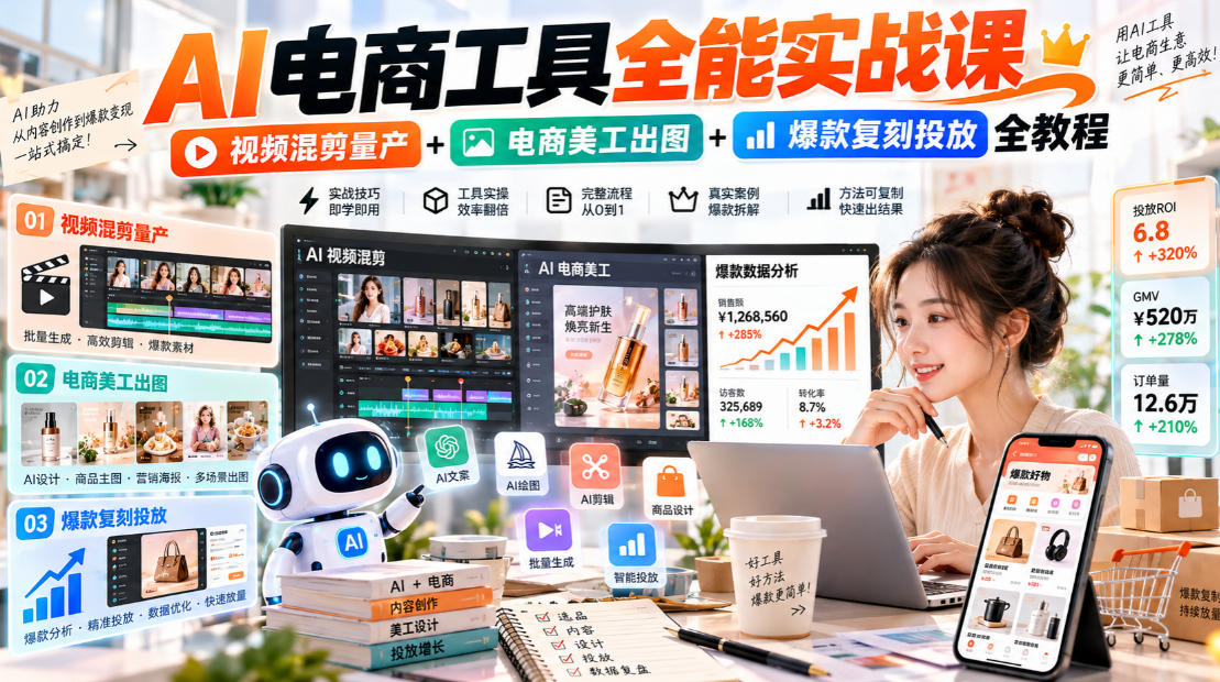 AI电商工具全能实战教学,视频混剪量产+电商美工出图+爆款复刻投放全教程-识享社