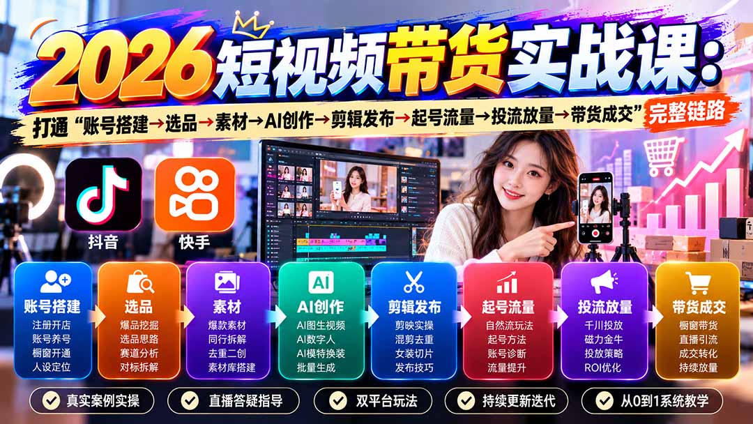 2026短视频带货实战课9月:打通“账号搭建→选品→素材→AI创作→剪辑发布→起号流量→投流放量→带货成交”完整链路-识享社
