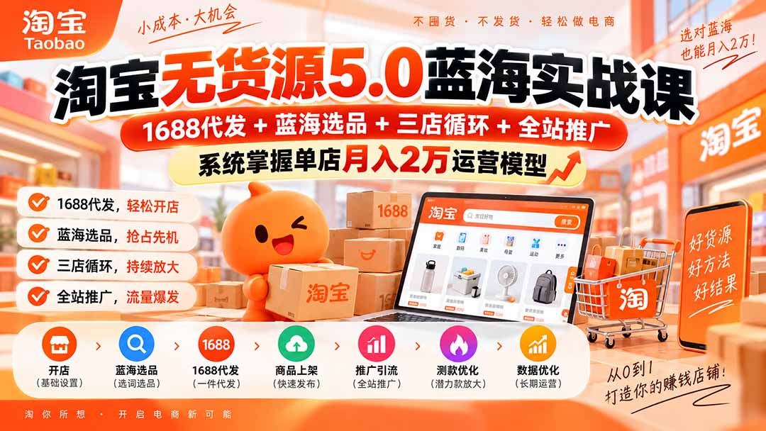 淘宝无货源5.0蓝海实战课-更新0927:1688代发+蓝海选品+三店循环+全站推广,系统掌握单店月入2万运营模型-识享社