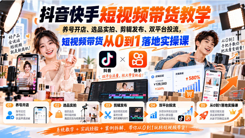 抖音快手短视频带货教学｜养号开店、选品实拍、剪辑发布、双平台投流，短视频带货从0到1落地实操课-识享社