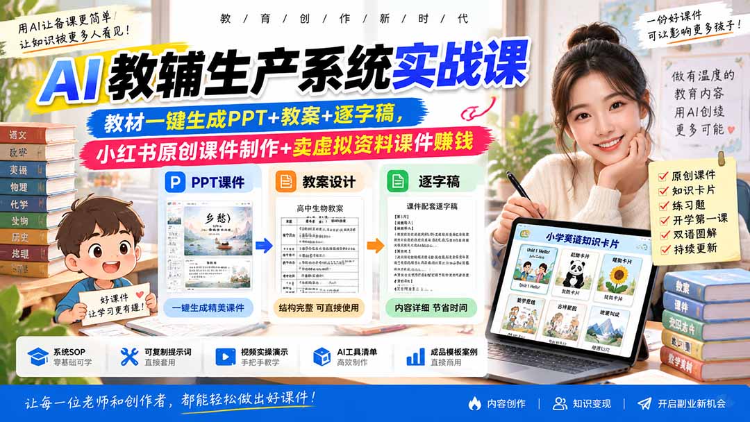 AI教辅生产系统实战课-更新0926｜教材一键生成PPT+教案+逐字稿，小红书原创课件制作+卖虚拟资料课件赚钱-识享社