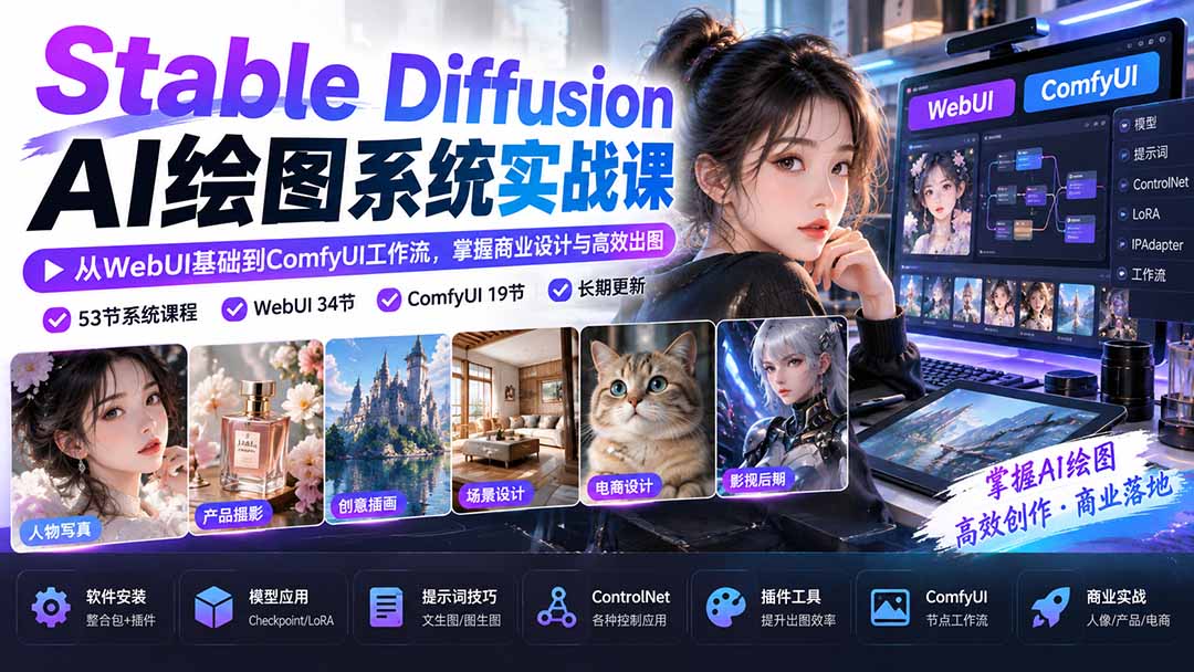 【无水印】Stable Diffusion AI绘图系统实战课:从WebUI基础到ComfyUI工作流,掌握商业设计与高效出图-识享社