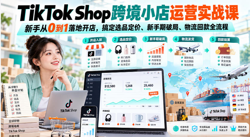 TikTok Shop跨境小店运营实战课，新手从0到1落地开店，搞定选品定价、新手期破局、物流回款全流程-识享社