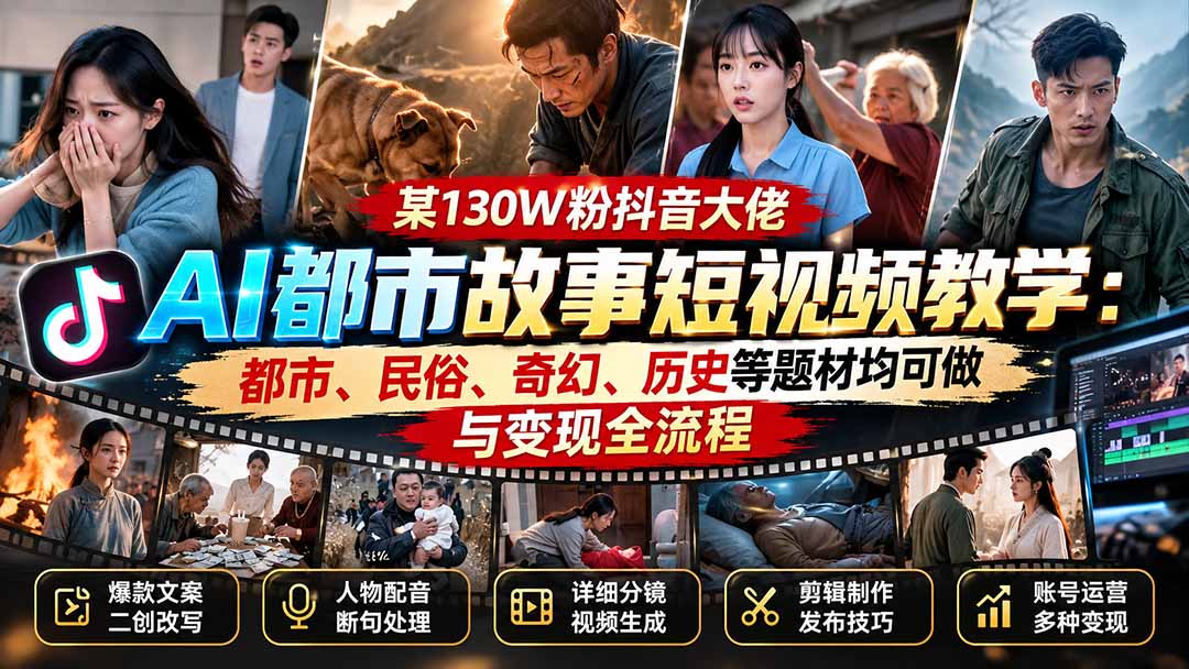 某130W粉抖音大佬AI都市故事短视频教学：都市、民俗、奇幻、历史等题材均可做与变现全流程-识享社