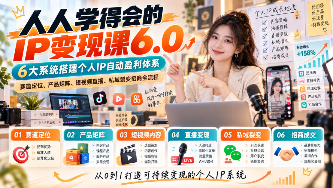 人人学得会的IP变现课6.0，6大系统搭建个人IP自动盈利体系，赛道定位、产品矩阵、短视频直播、私域裂变招商全流程-识享社