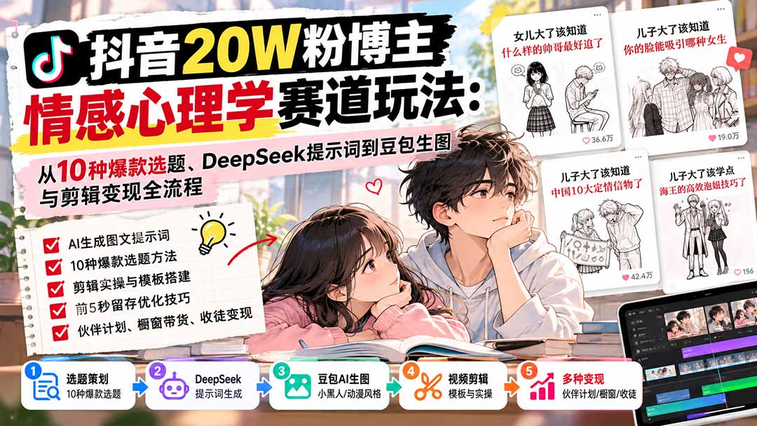 抖音20W粉博主-情感心理学赛道玩法：从10种爆款选题、DeepSeek提示词到豆包生图与剪辑变现全流程-识享社