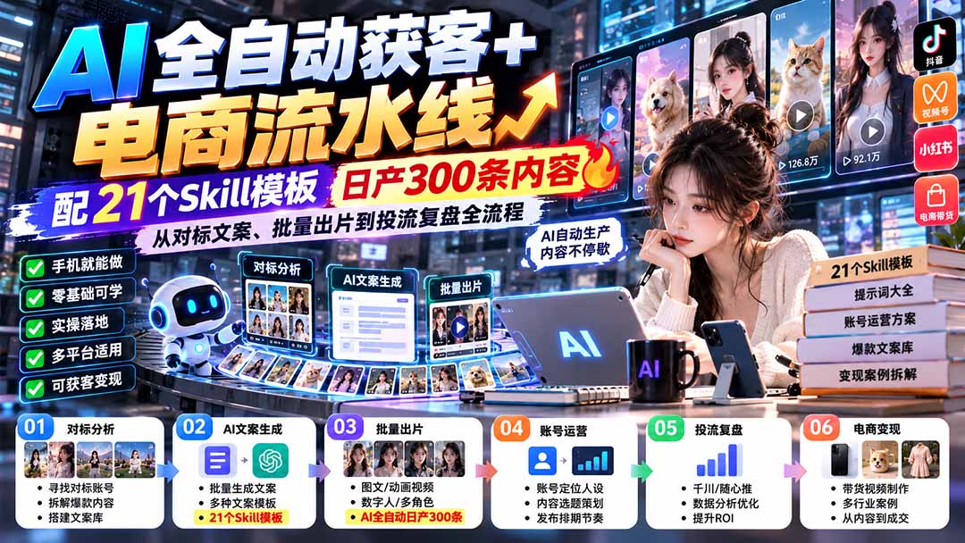 【无水印】AI全自动获客+电商流水线：配21个Skill模板，日产300条内容，从对标文案、批量出片到投流复盘全流程-识享社