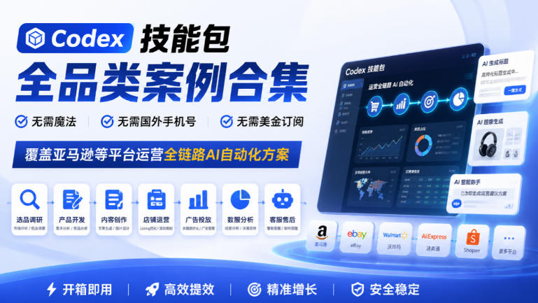 Codex技能包全品类案例合集，无需魔法、无需国外手机号、无需美金订阅，覆盖亚马逊等平台运营全链路AI自动化方案-识享社